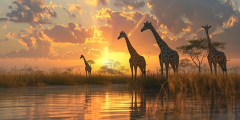 Naklejka na ściany i meble Silhouettes of giraffes and birds near a waterhole against the backdrop of an African sunset and reflective water
