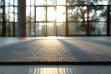 Grey fitness mat on a floor in a blurred yoga studio on background. - obrazy, fototapety, plakaty