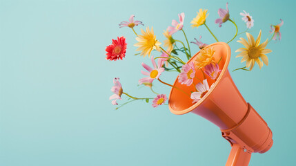 Peach megaphone with light pink and orange flowers coming out on light blue background. Minimal spring concept. Web banner with copyspace advertising inspired