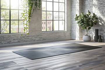 Grey yoga mat on wooden floor in modern fitness studio with big windows and white brick walls.