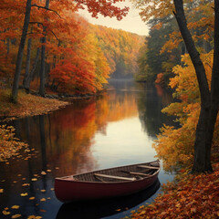 Serpentine River Cutting Through Autumn Woods with a Canoe in the River