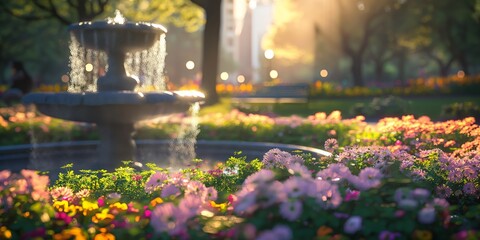 A serene park setting with a central water fountain surrounded by blooming colorful flowers, basked in golden-hour sunlight - obrazy, fototapety, plakaty