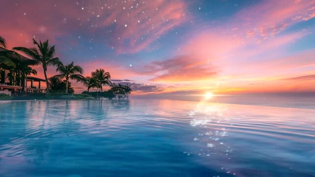 Sunset scene at a hotel with a swimming pool, animated virtual repeating seamless 4k	
