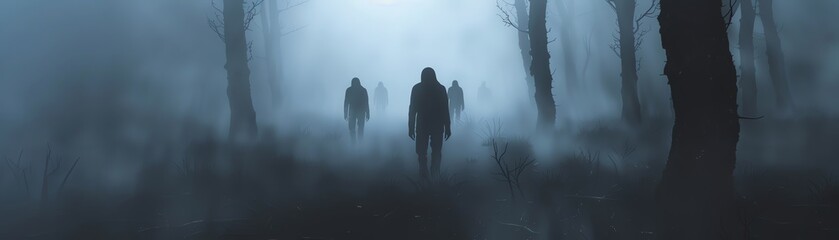 Horror theme with eerie figures in the fog, dark tones, chilling atmosphere,  - obrazy, fototapety, plakaty