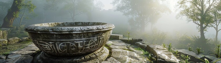 Fototapeta premium Ancient basin in an archaeological site, worn stone, symbols engraved, misty morning, 