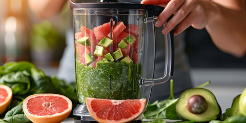 close up of woman's hands preparing green smoothie with spinach, avocado and grapefruit in blender on white kitchen table