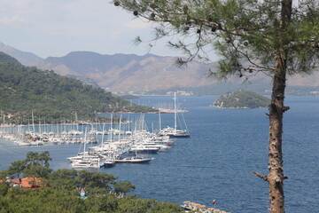 Yachts and boats in a bay on the Aegean Sea, Turkiye, May 2023