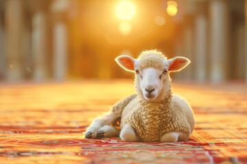 A sheep standing in the foreground, behind it is an Islamic mosque and golden sunset sky, the...