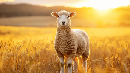 A sheep standing in the field of grass, sunset behind it and mosque silhouette, golden hour, ultra...