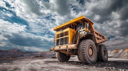 Mining Truck's Power and Scale: A Dynamic Showcase in the Ore Extraction Industry - obrazy, fototapety, plakaty