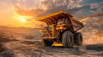Golden Hour: A Giant Mining Truck in Sunset-Illuminated Industrial Action - obrazy, fototapety, plakaty