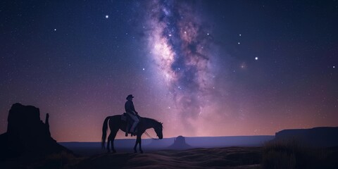An evocative image of a lone cowboy on horseback under a majestic Milky Way, conveying solitude and the grandeur of the night sky in the wilderness