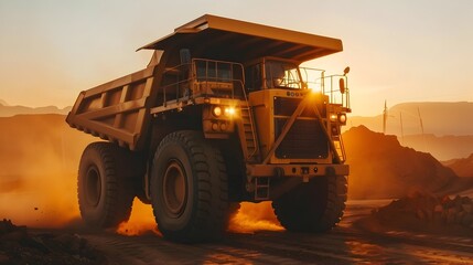 Golden Hour at the Mining Site: A Giant Yellow Truck in Action during Sunset - obrazy, fototapety, plakaty