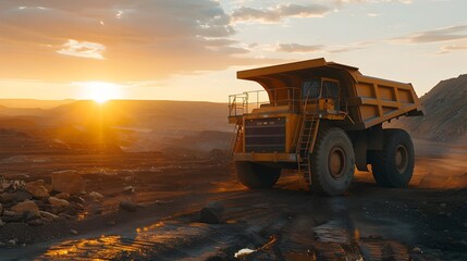 Early Morning Dawn at the Mine: A Solitary Yellow Mining Truck Awaits, Ready for a Day's Work