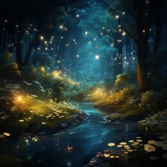 Dreamscape, mist, serene, a mystical forest filled with glowing fireflies, a gentle breeze whispers through the trees