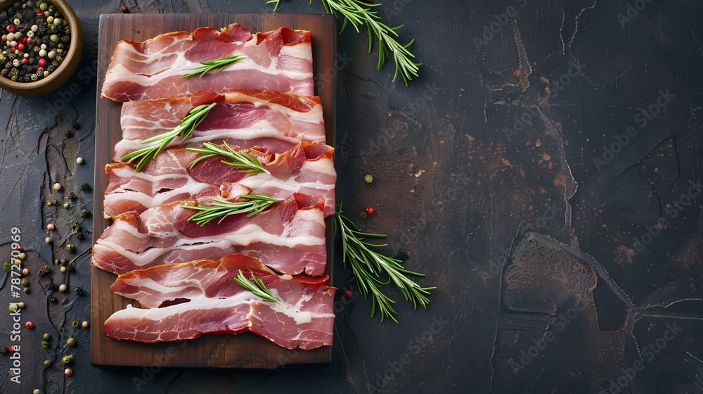 Poster bacon slices fresh meat product pork eating cooking appetizer meal food snack on the table copy spac