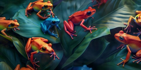 This image captures the striking beauty of vibrant, multicolored frogs contrasting against the deep green of tropical foliage