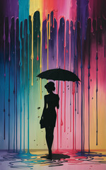 An image portraying the silhouette of a person standing under an umbrella. The individual is staged against a strikingly vibrant backdrop of multicolored paint that drips vertically down the wall...