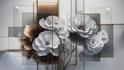 An illustration showcasing an artistic arrangement of large and colorful flowers in white and copper tones. These are masterfully displayed across a series of translucent and metallic square pane...