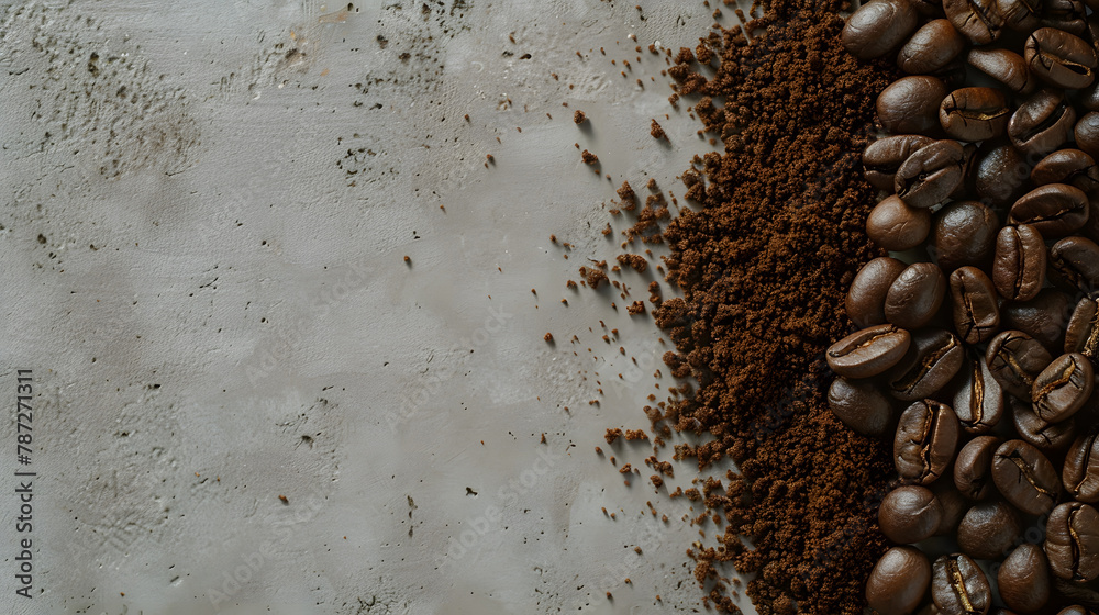 Poster roasted coffee beans and ground coffee on gray background copy space directly above : generative ai