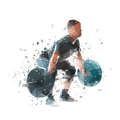 Weightlifting, man in gym, workout. Isolated low poly vector illustration with shatter effect