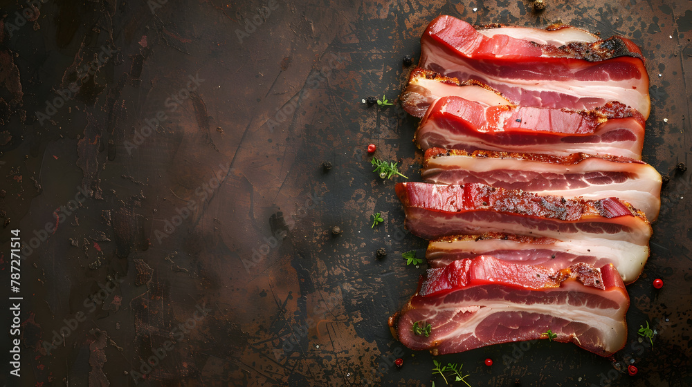 Poster bacon slice fresh meat strips pork cooking appetizer meal food snack on the table copy space food ba