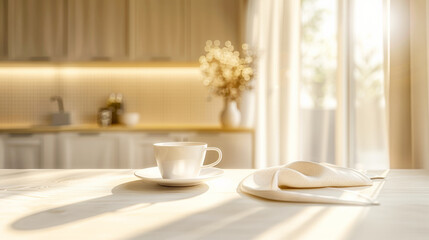 Minimalistic beige kitchen interior with white counter top and coffee set on blurred background
