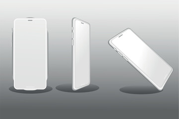 A collection of mobile phone mockups in realistic 3d design. Black and white image with a mobile phone in different angles on a gray background. Vector illustration.