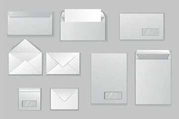 A collection of envelope mockups in realistic 3d design. Black and white image with envelopes for letters, papers, documents and more on a gray background. Vector illustration.