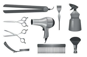 A collection of beauty salon tools mockups in realistic 3d design. Black and white image with necessary hairdressing tools, hair dryer, curling iron, scissors, razor. Vector illustration.