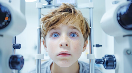 A close up of a boy patient doing an eye test using an occlusion machine on his face while getting...