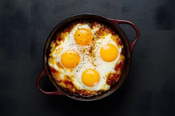 Savory breakfast dish, baked eggs, captured professionally in foodgraphy