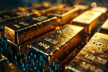 Close-up of stacked gold bars shimmering under dramatic lighting, conveying wealth and financial security.. - obrazy, fototapety, plakaty
