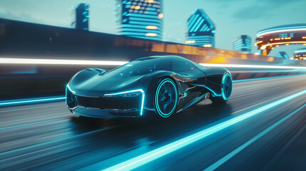Futuristic supercar moving on high way in a night city, with neon lights, high speed blur...
