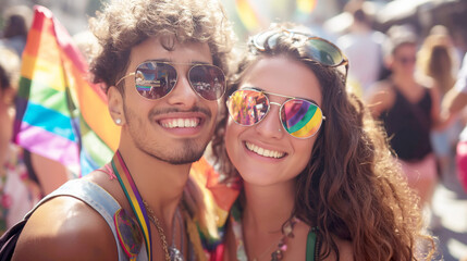 Photo of two happy young people with curly hair and sunglasses at a gay pride event holding rainbow flags