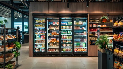 A supermarket store with a lot of food and drinks in the freezer section