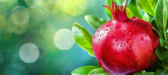 Fresh pomegranate fruit with water droplets on tree, perfect for banner with copy space