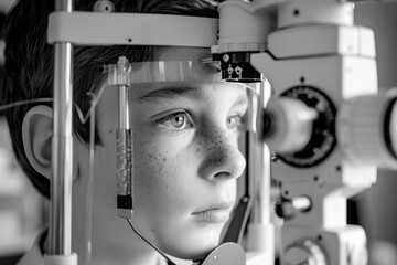 Close up of a doctor's hands using an eye phoropter machine to check a child's vision distance at a clinic.