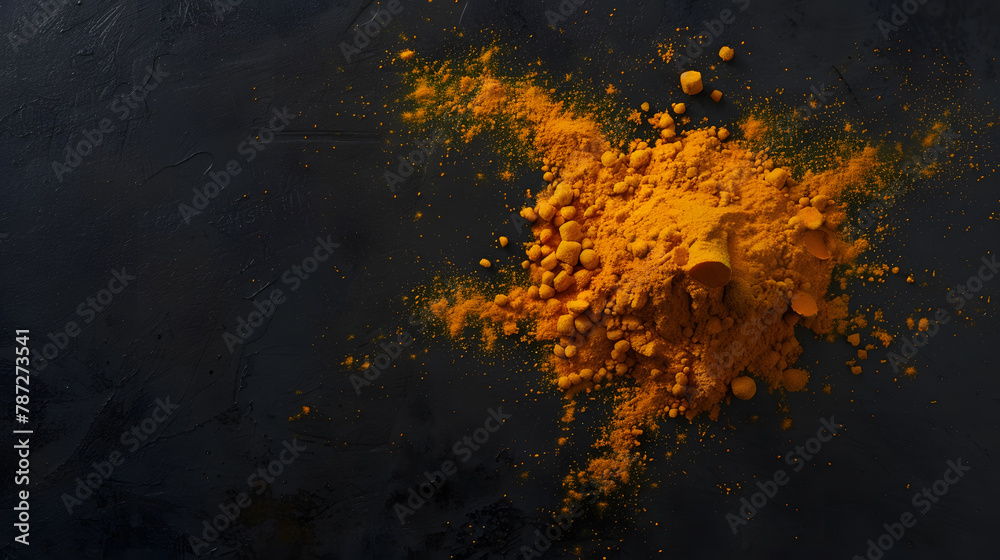 Poster flat lay top view of turmeric powder and fresh turmeric curcumin on a black background used for cook