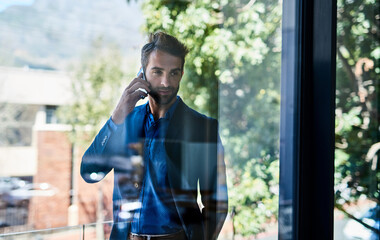 Man, phone call and networking on balcony for deal, talking and b2b connection for business planning. Male person, hello and insurance agent for telemarketing sale, contact and speaking on mobile app
