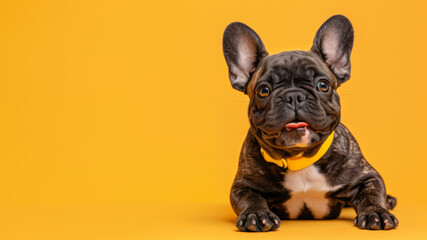 A French bulldog in a yellow collar stares intently at the camera