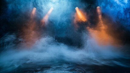 stage and colorful smoke night lightning in fog searchlight beams