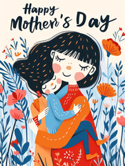 Happy mother's day greeting card with mother and daughter