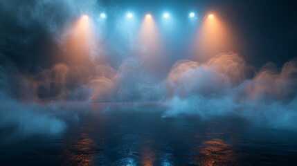 stage and colorful smoke night lightning in fog searchlight beams - obrazy, fototapety, plakaty