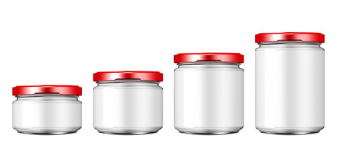 Vacuum packing clear glass jar with metal lug cap and white blank label. Realistic vector mockup set. Jelly, jam, sauce, preserve, canned food product container with screw canning lid mock-up