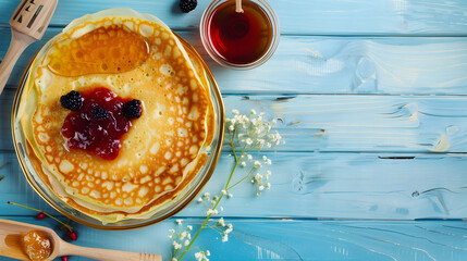 Russian Ukrainian European holiday Maslenitsa Traditional thin crepes pancakes with berrry jam and honey toppings on wooden blue table top view copy space : Generative AI