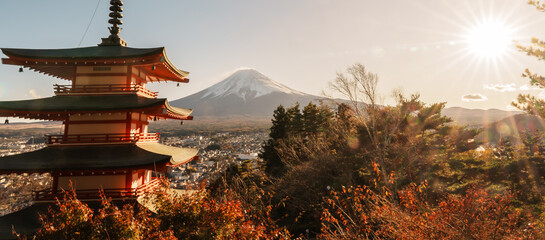 Mount Fuji view at Chureito Pagoda in Autumn season, Mt Fujisan in Arakurayama Sengen Park,...