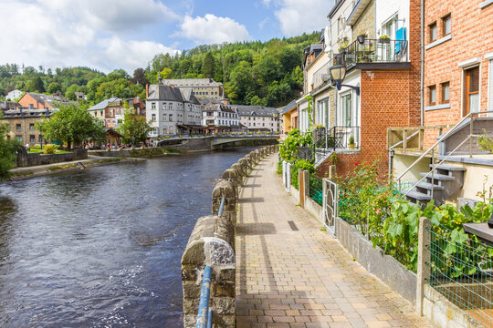 Walking path at the river promenade in La Roche-en-Ardenne, Belgium