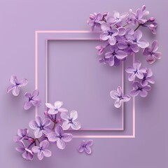 A square frame of purple flowers on a purple background.