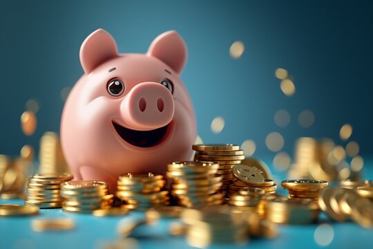 cartoonstyle pink piggy bank with a cheeky smile, next to a towering pile of golden coins, vivid blue backdrop
